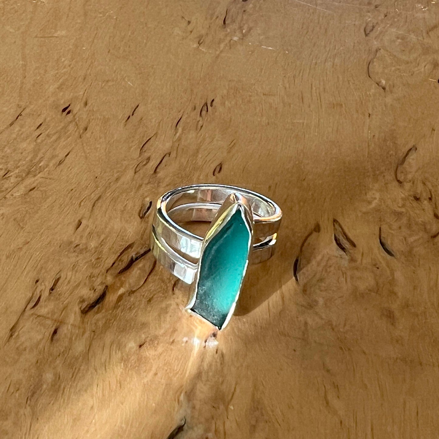 Silverring med strandglas Istapp