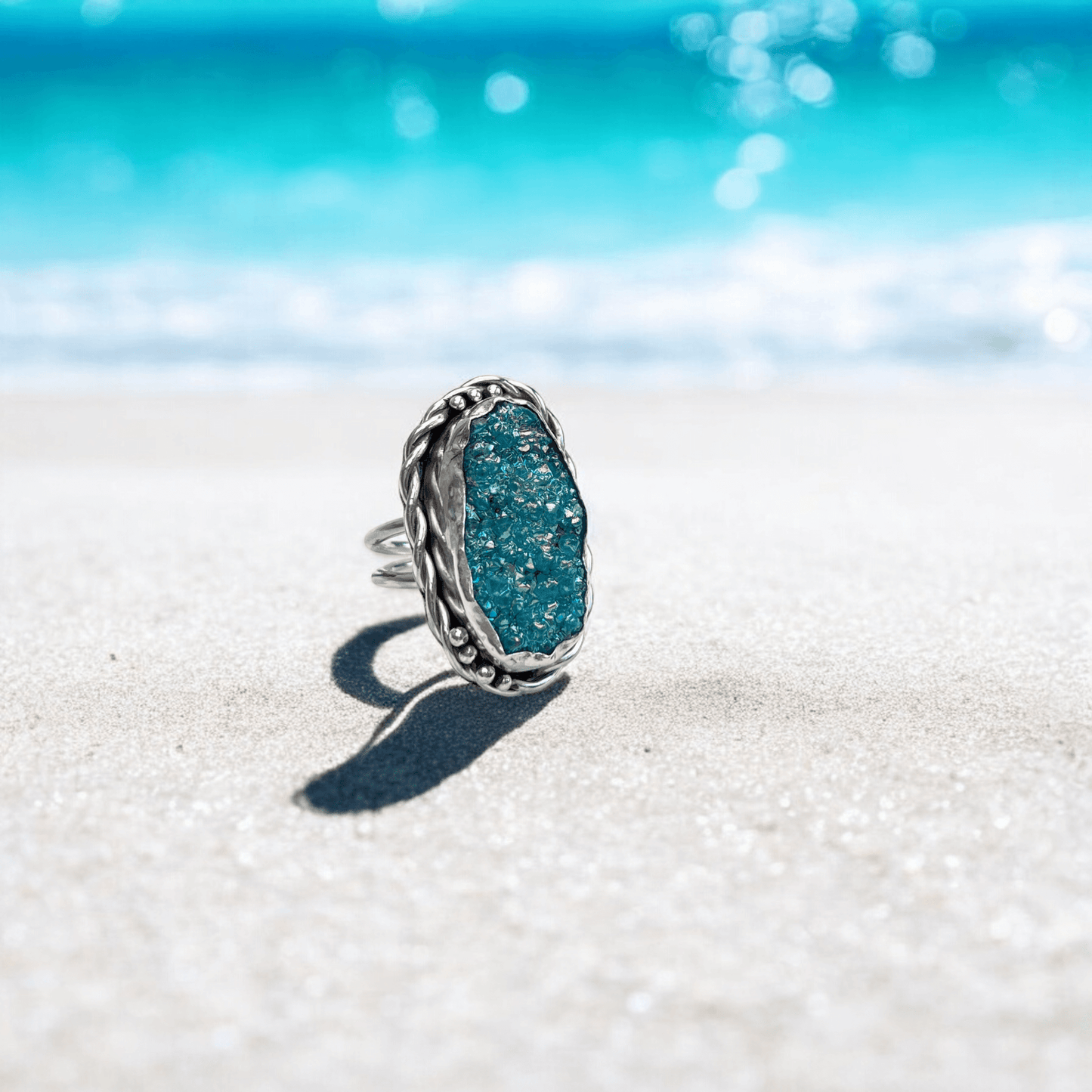 Statement-ring i silver med turkos druzy-agat