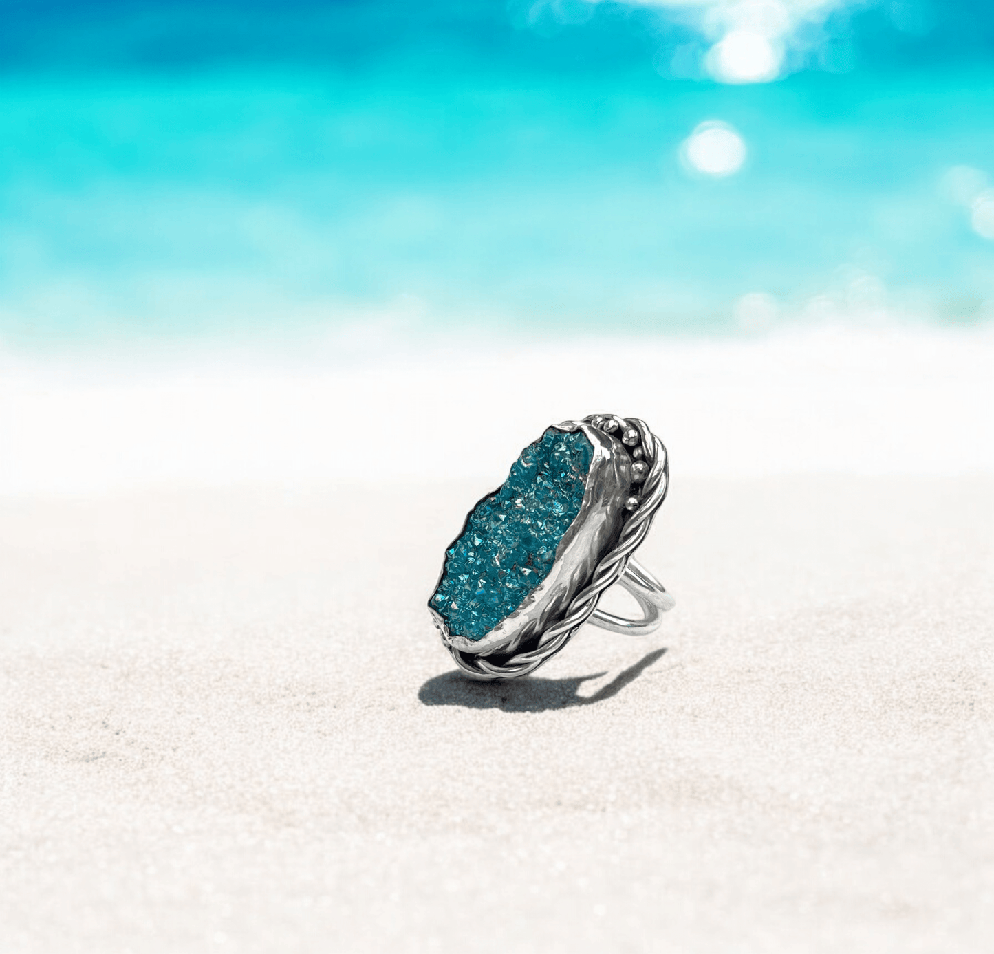 Statement-ring i silver med turkos druzy-agat