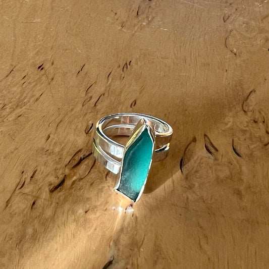Silverring med strandglas Istapp