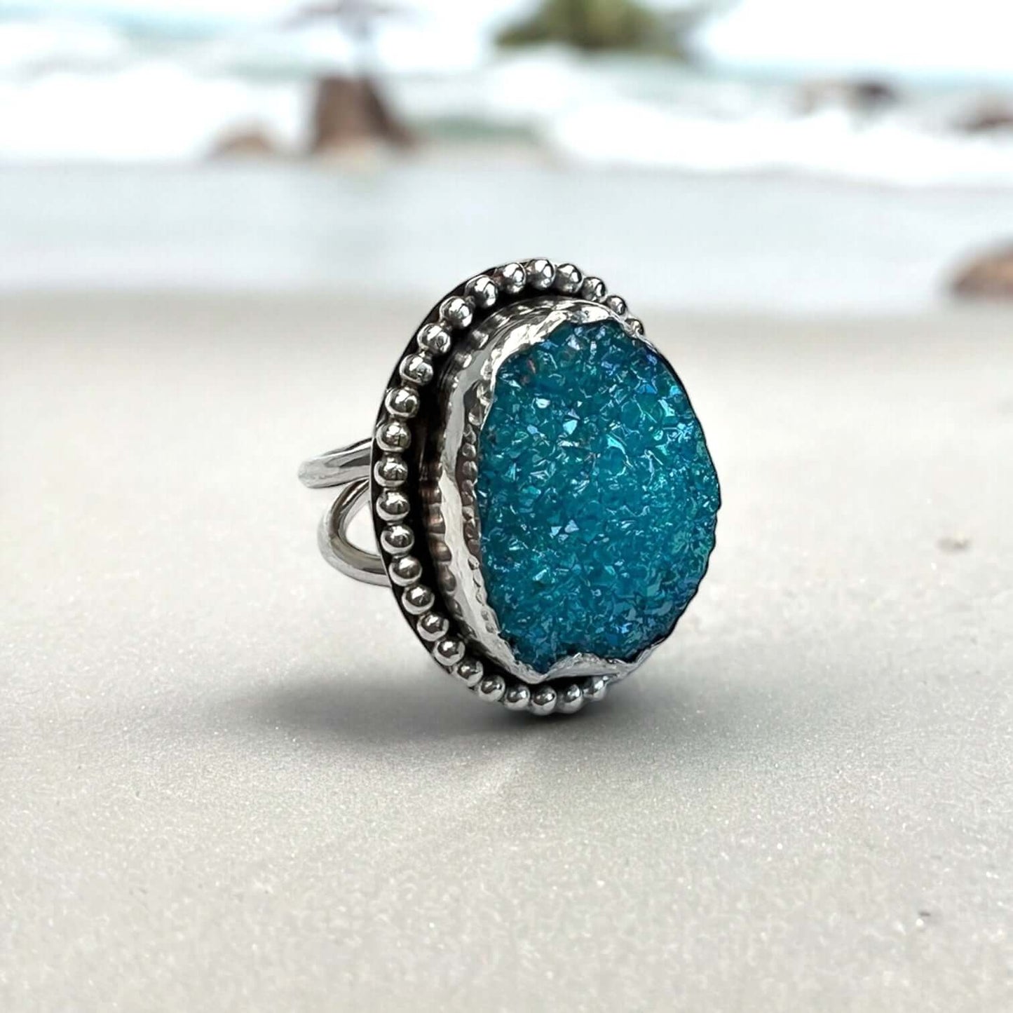 Statement-ring i silver med turkos druzy agat