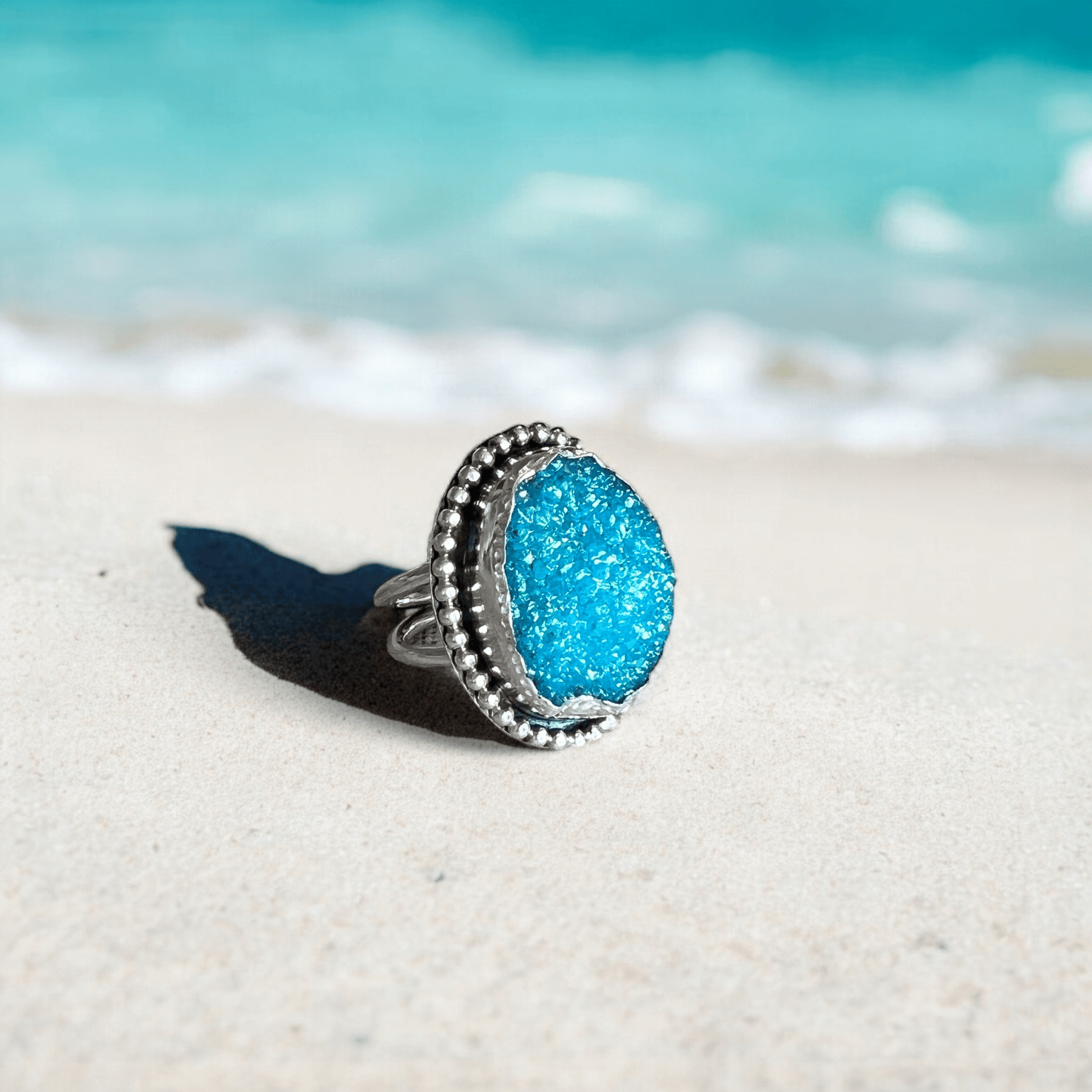 Statement-ring i silver med turkos druzy agat