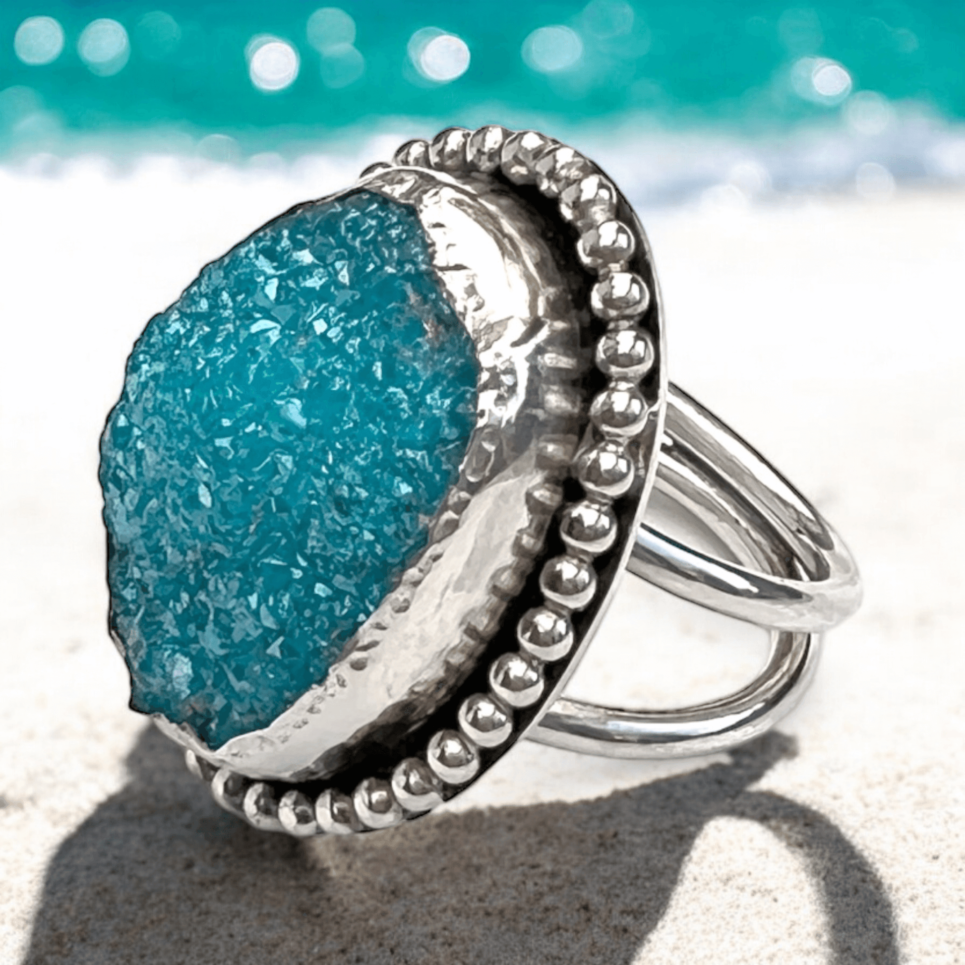 Statement-ring i silver med turkos druzy agat