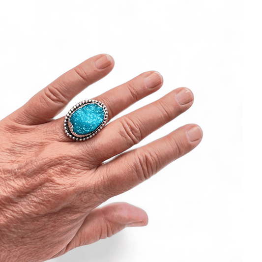 Statement-ring i silver med turkos druzy agat